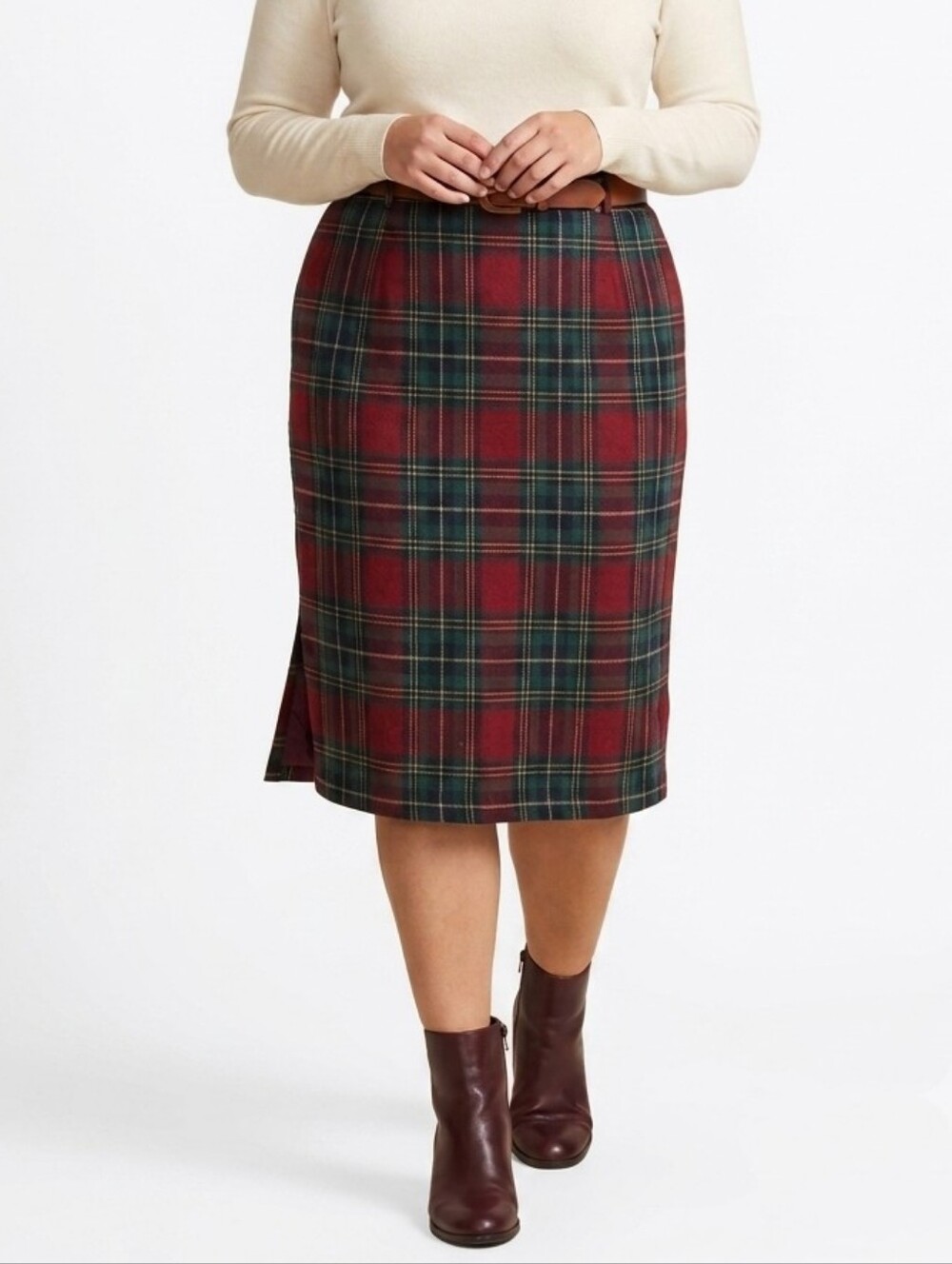Sag Harbor Woman Plus Vintage Plaid Midi Pencil Skirt Holiday Red Green Size 22W
